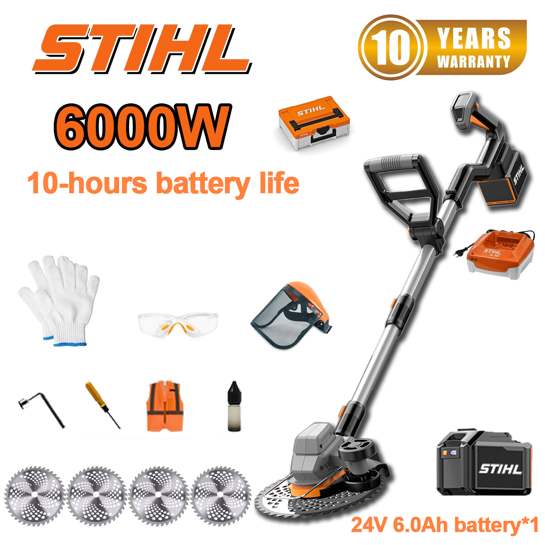 (16 óra akkumulátor-élettartam) 6000 W kefe nélküli fűnyíró*1+24V 6.0Ah akkumulátor*1+töltő*1+fűrészlap*4+kesztyű*1+szemüveg*1+sisak*1+csavarhúzó*1+téglalap alakú csavarok*1+védőruházat*1 védőruházat*1c.