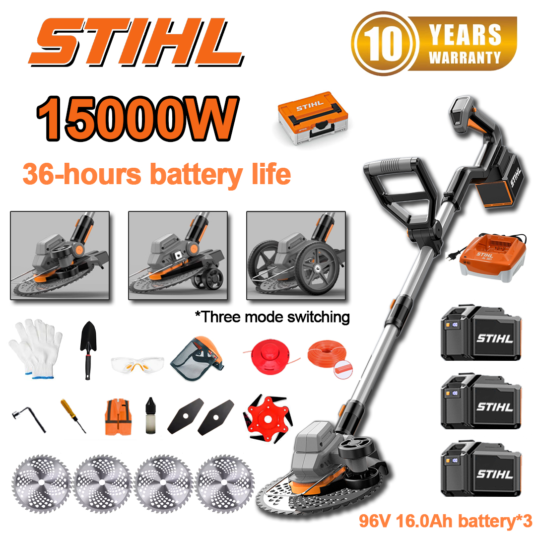 (48 óra akkumulátor-élettartam) 15 000 W-os kefe nélküli fűnyíró*1+96V 16,0Ah akkumulátor*3+töltő*1+oldalkerék*1+oktatókerék*1+vágófej*1+körfűrészlap*4+egyenes fűrészlap*2+ötvözött fűrészlap*1+lapát*+1+1 zsinór* 1+téglalap alakú csavar*1+védőruha*1+kenőolaj*1+szerszámdoboz*1