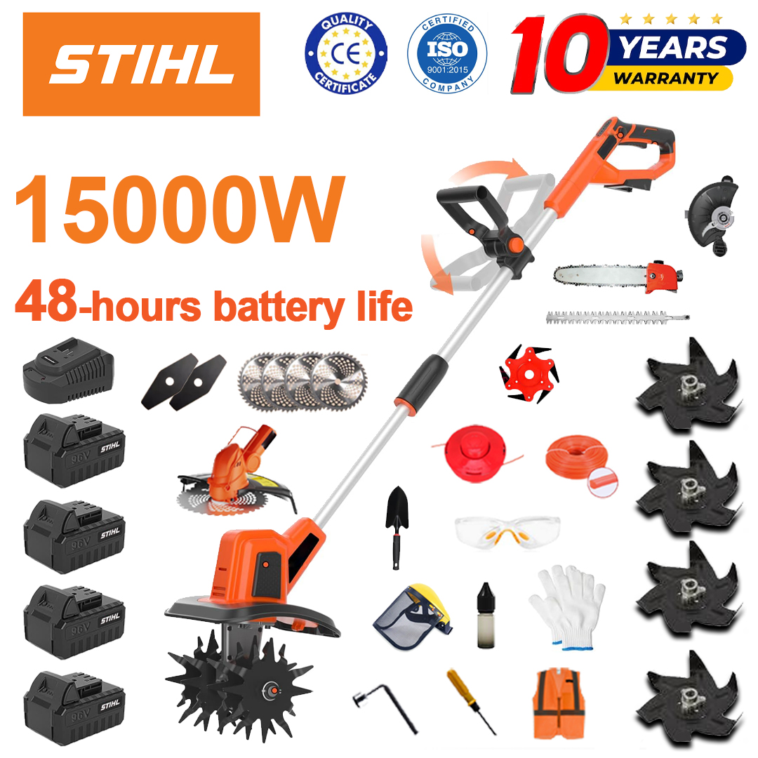 (Akkumulátor élettartama 48 óra) 15000W eke+96V lítium akkumulátor*4+kaszafej*1+fűrész*1+sövénynyíró fej*1+gyorstöltő*1+lapát*1+egyenes penge*2+ekepenge*4+ötvözött fűrészlap*1+fűrészlap*1+fűrészlap*1+fűrészlap*1+fűrészlap