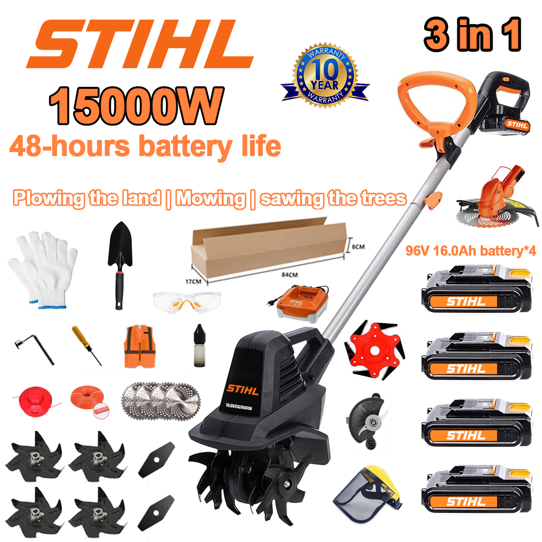 (Akkumulátor élettartama 48 óra) 15000W eke+ 96V 16.0Ah lítium akkumulátor*4+nyírófej*1+fűrész*1+sövénynyíró*1+gyorstöltő*1+lapát*1+egyenes kés*2+ekekés*4+ötvözött fűrészlap*1+1+mowing